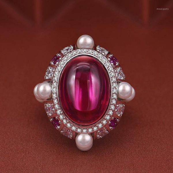 

cluster rings 100% solid 925 sterling silver 13x18mm ruby pearl gemstone wedding anniversary fine jewelry ring gift1, Golden;silver