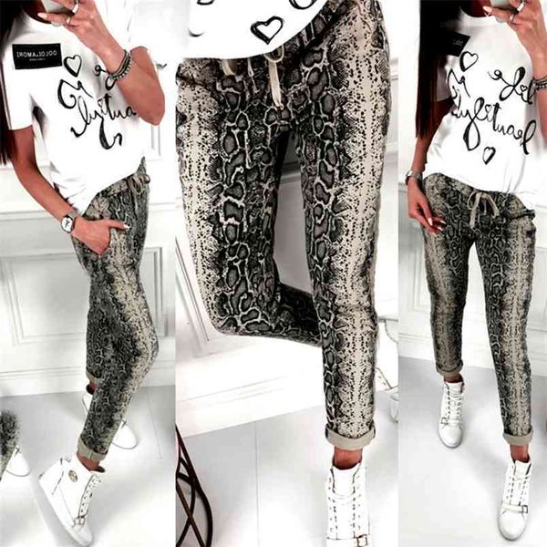 

women pants female snakeskin print drawstring skinny pencil trousers elegant ladies spring autumn clothing 210522, Black;white