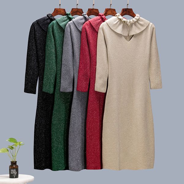 

vintage sweater dress women's autumn winter slim korean midi bright line knitted long-sleeved base ruffled 210420, Black;gray