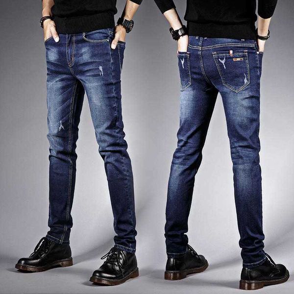 

thickened cashmere men's jeans fashion brand leggings elastic slim casual pants, Blue