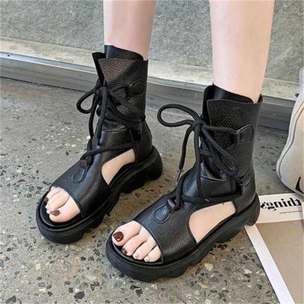 

sandals roman women fashion bandage summer hollow and breathable soft leather platform boots comfortable zapatillas mujer, Black