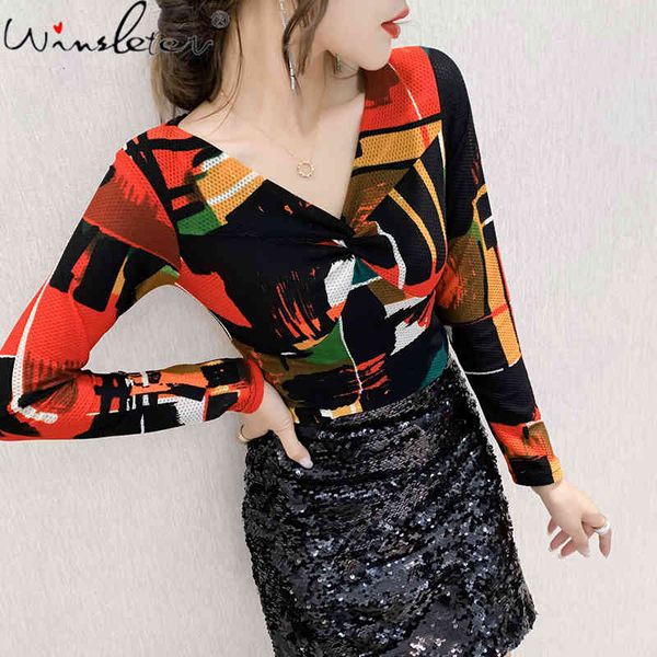 

women's t-shirt fall winter korean style t-shirt fashion v-neck print women ropa mujer slim waist bottoming shirt tees t, White
