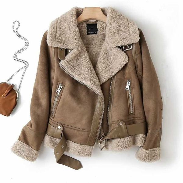 Jaqueta feminina faux shearling shearling retro camurça pele motocicleta cinto de lazer solto zaring mulher s 211014