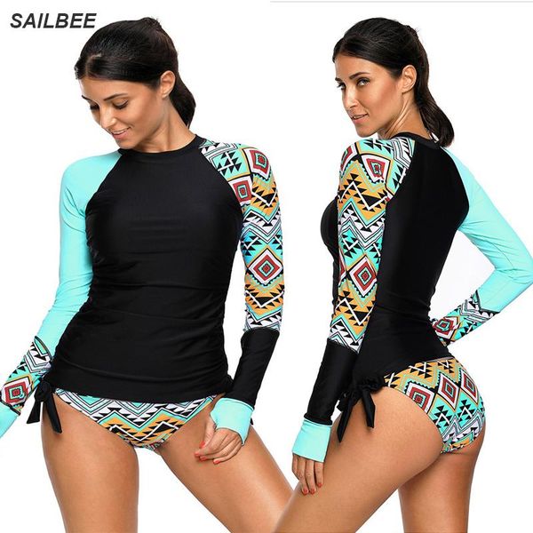 

one-piece suits sailbee women rashguard swimwear long sleeve rash guard surfing colorblock swimsuit bike biking shirts upf50+ beach wear