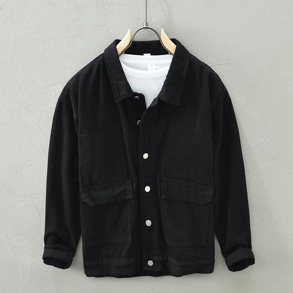 

men's jackets black denim jacket men autumn casual jeans coats tooling pockets streetwear man clothing outwear, Black;brown