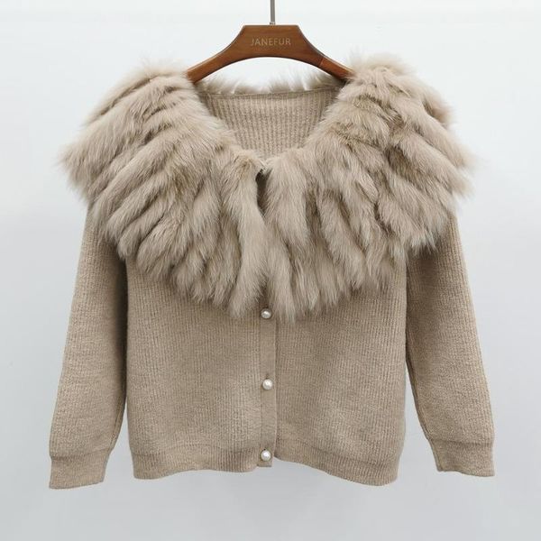 

women's knits & tees janefur women cashmere sweater with real fur collar, White