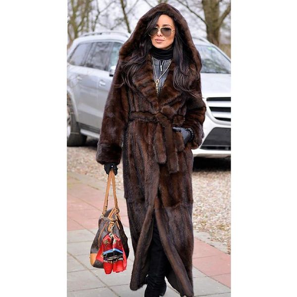 

women's fur & faux 120cm long real mink coat for women high street casual trendy genuine with hood luxury overcoat 2021, Black