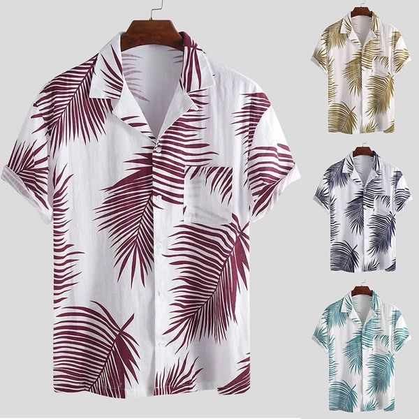 

men's shirts 2021 hawaiian ummer leaf print lapel caual hort leeve, White;black