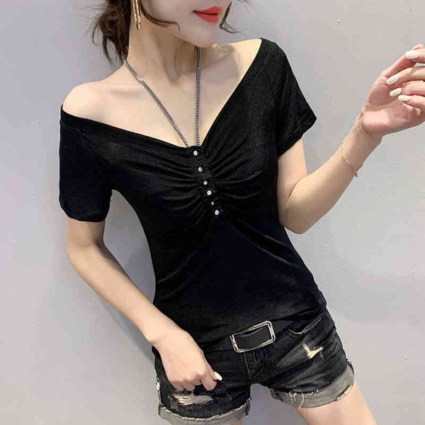 

women's t-shirt summer korean clothes t-shirt fashion off shoulder folds halter diamonds women ropa mujer short sleeve t, White