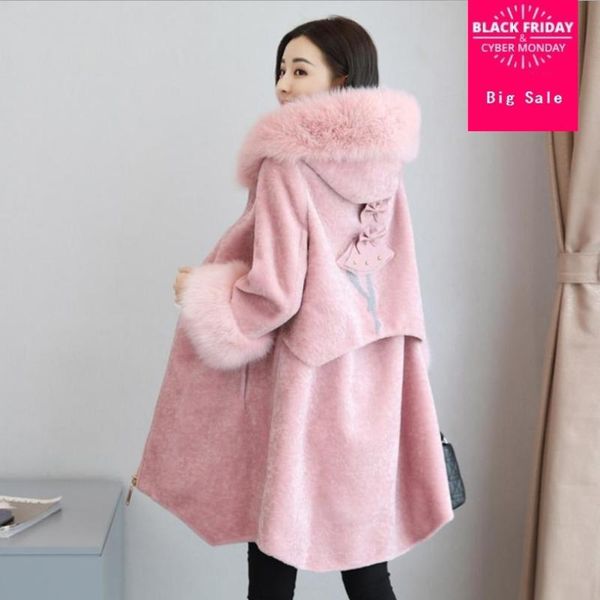 Cappotto di lana invernale da donna in pelliccia sintetica 2021 Giacca a maniche lunghe in cashmere caldo con cappuccio Casual Cappotto nero rosa L1483