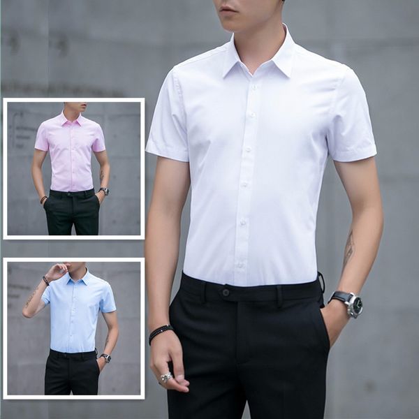 

white shirt men's short sleeve no iron slim fit business leisure work summer professional dress, White;black