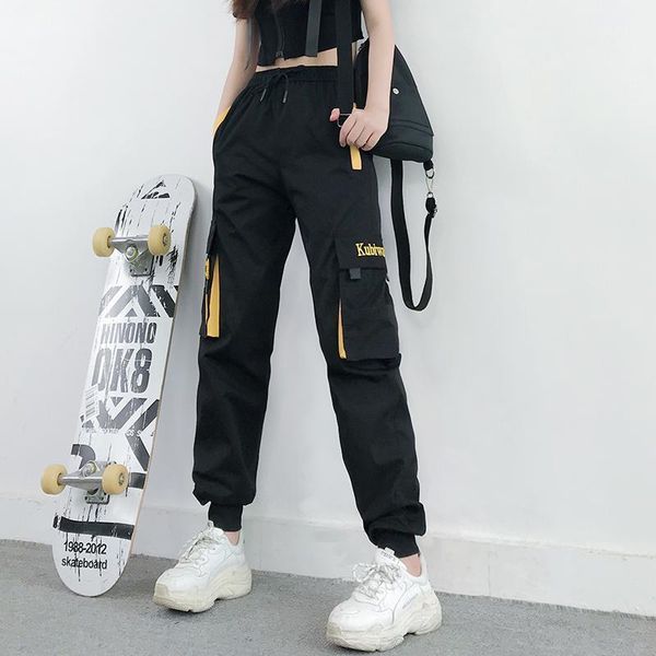 

women's pants & capris women cargo fashion streetwear ankle length elastic waist drawstring female loose trousers casual joggers, Black;white