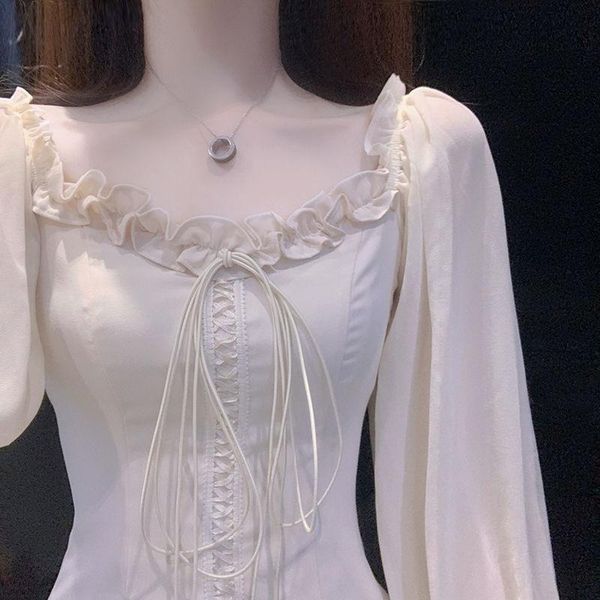 

casual dresses spring/autumn french sweet girl elegant white fairy a-line dress ascetic maiden niche design bandage lace mini, Black;gray