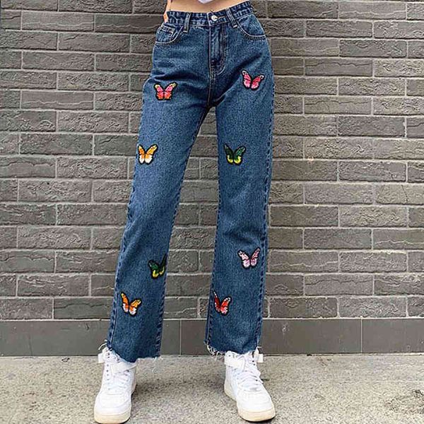 

women's autumn butterfly embroidery jeans loose straight empire pocket denim pants female vintage korean sweet lady girl bottoms 210524, Blue