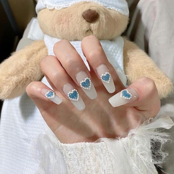 

false nails fake long glitter blue heart full of pearl nail stickers finished 24 with glue fa, Red;gold