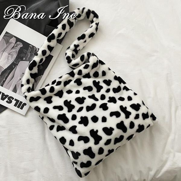 

evening bags winter furry women large handbags fashion cow pattern ladies shoulder messenger soft plush female girls travel casual tote