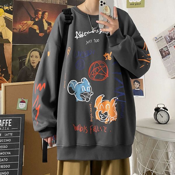 

autumn funny printed round neck sweater trend large loose couple top, Black