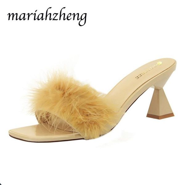 

slippers meriahzheng 6.5cm fashion summer woman with thick heel high square head open toe 2021 hairy female ds, Black