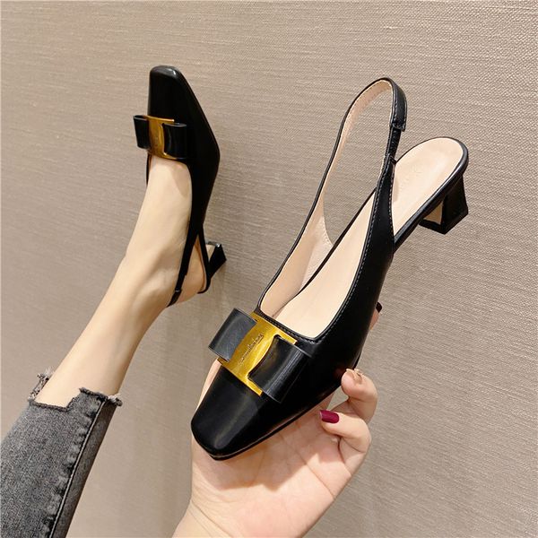 

sandals high heeled sandals women's spring small fragrance metal button thick heel shoes square head shallow mouth professional for 6h1, Black