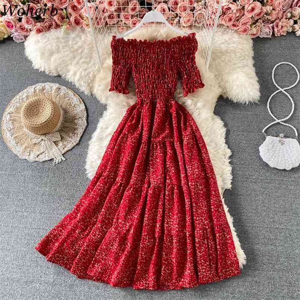 

off shoulder floral dress women slash neck sweet dresses summer elastic pleated robe chiffon big swing vestidos 210519, Black;gray
