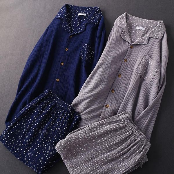 

men's sleepwear autumn mens crepe gauze pajamas suit long-sleeved trousers home clothes plus size men long shirt nightwear 2 piece set, Black;brown