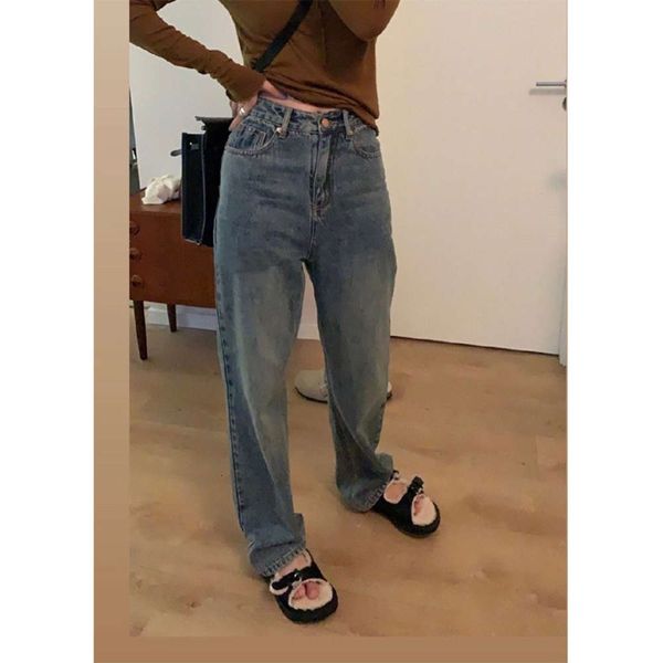 

black brother loose casual wide leg autumn tube high waist thin dirty pants, Blue