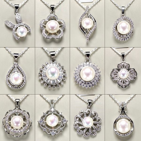 

2021 Fashion Necklace 925 Sliver Pendant Settings DIY Pearl Necklace For women Fine Jewelry Settings With Chain DIY Gift 8 pcs/lot, Slivery;crystal