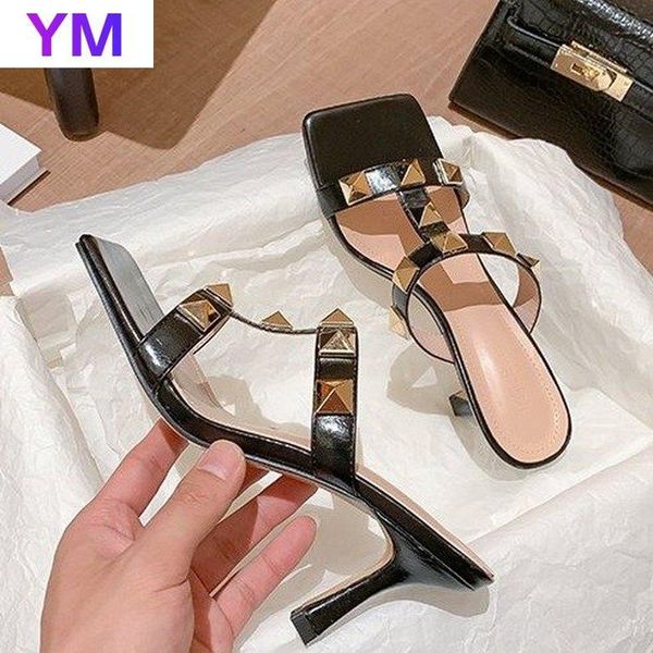 

sandals summer fashion rivets shoes women slip on square toe thin heels slides zapatillas mujer casa sapato feminino, Black