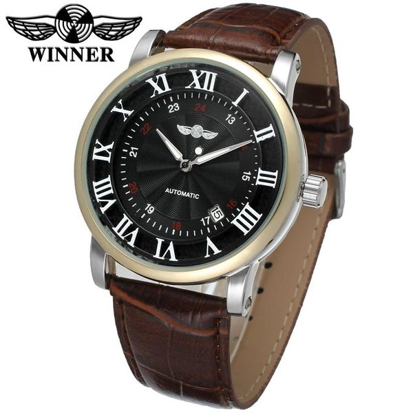 

wristwatches t-winner minimalist style men's mechanical watch roman digital round bottom-through belt, Slivery;brown