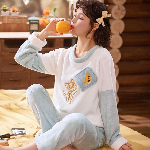 

women's sleepwear winter pajamas warm thick flannel full sleeve long sleeppant cartoon homewear set big size casual mom pyjama p5l, Black;red