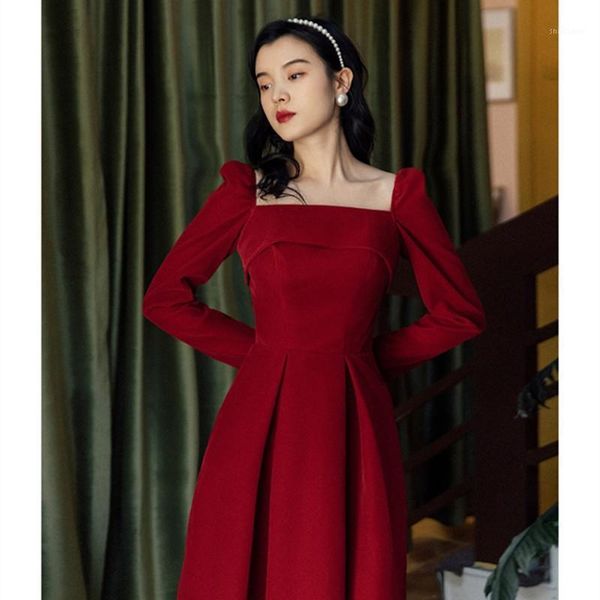 

casual dresses female retro temperament velvet slim square collar dress design sense folds fashion party red hepburn style vestidos, Black;gray