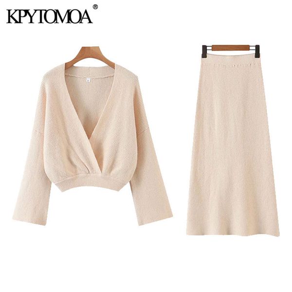 

women fashion office wear two pieces sets knitted cropped wrap sweater high elastic waist skirts female jumpers 210416, White