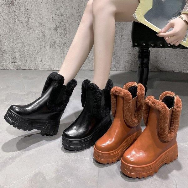 

boots brand female platform snow height increasing high heels ankle women 2021 party winter shoes woman, Black