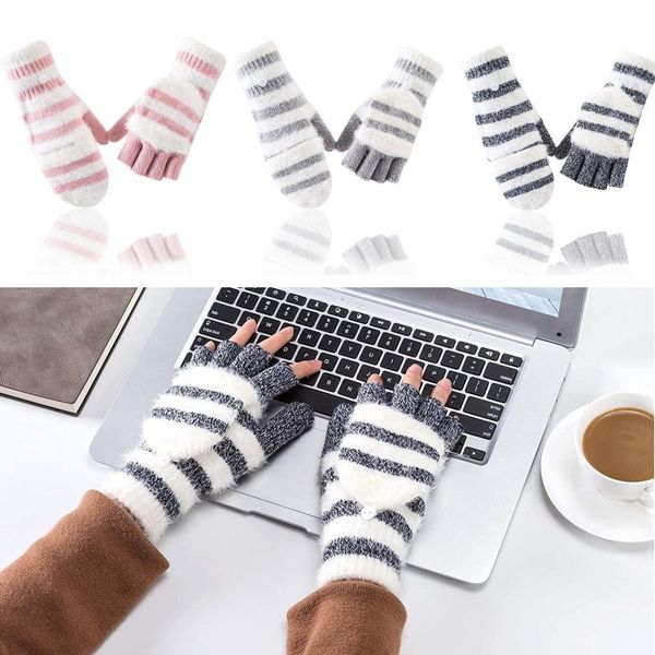 

five fingers gloves wool knitted fingerless flip winter warm flexible touchscreen for men women striped finger mittens glove, Blue;gray