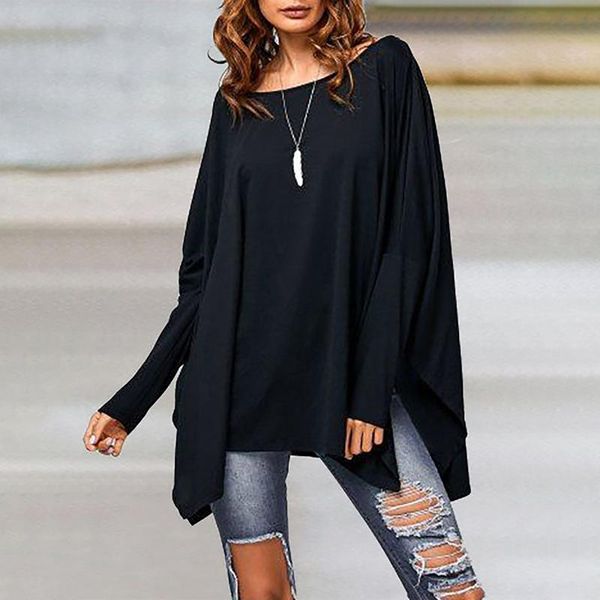 

aesthetic woman tshirts women solid color bat shirt long sleeve o-neck plus size irregular t-shirt magliette donna women's, White