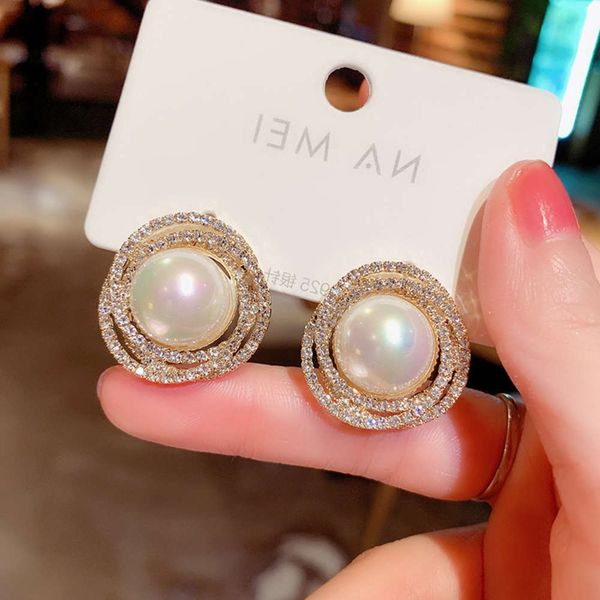 

earrings korean east gate full diamond exaggerated pearl fashion personality earrings women's 925 silver needle ear jewelry, Golden