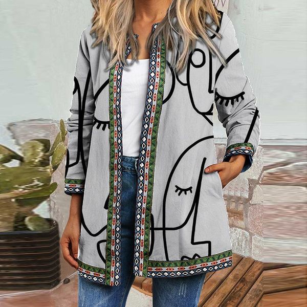 

women's jackets autumn women abstric printed long sleeve jacket casual pocket ladies basic coat vintage femme outwear clothes plus siz, Black;brown