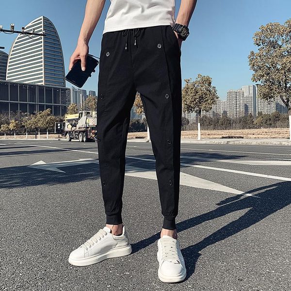 

men's pants korean summer men joggers hip hop fashion buttons decor slim fit casual harem simple all match streetwear trousers 36 apmv, Black