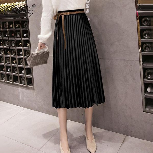 

skirts gold velvet skirt women 2021 spring and summer bow tie wild temperament pleated vestido mujer vestidos de fiesta, Black