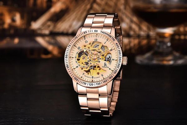 

wristwatches montre homme ik men's watch brand royal design rose gold clock automatic mechanical waterproof hollow steampunk, Slivery;brown