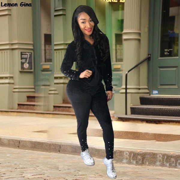 

women's two piece pants women fashion velvet long sleeve beading pearls hooded jackets pieces sets suits outfits overall tracksuits 355, White