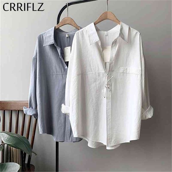 

crriflz women's cotton feel shirt imitation suede spring long sleeve retro blouses shirts turn-down solid oversize 210520, White