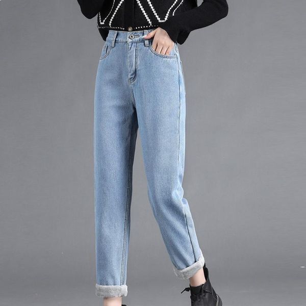 

women's jeans fashion elastic high waist denim pants thickened warm plush straight with pocket cowboy loose haren #g2, Blue