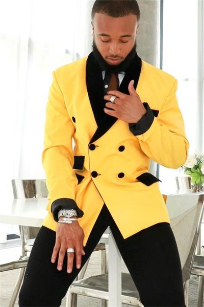 

men's suits & blazers (jacket+pants) fashion yellow wedding suit 2 piece slim fit groom dinner prom tuxudos tailored blazer for man, White;black