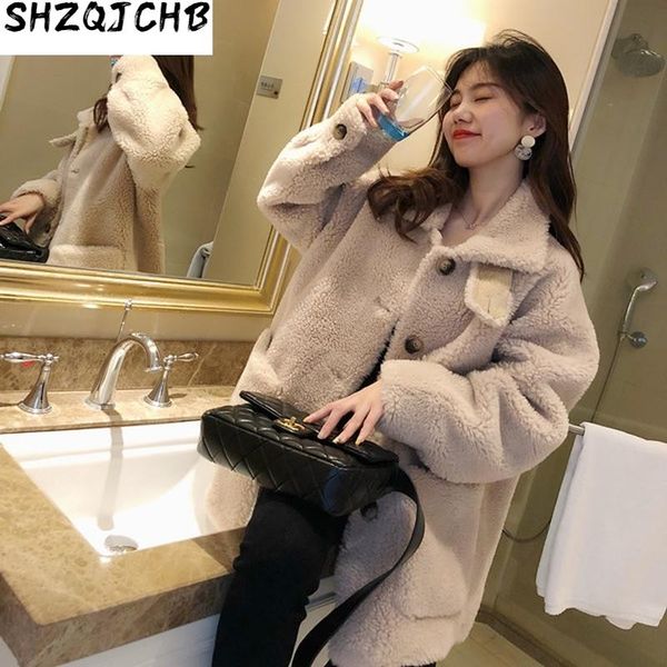

women's fur & faux jchb 2021 real coat women korean cute warm woolen autumn winter sheep jacket casual abrigos mujer invierno yy546, Black