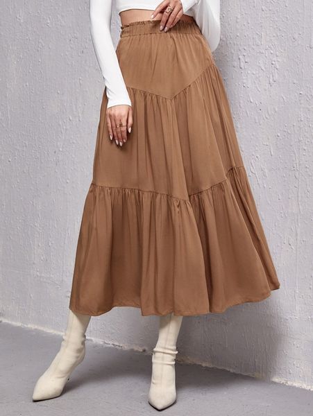

paperbag waist ruffle hem solid skirt o1db#, Black