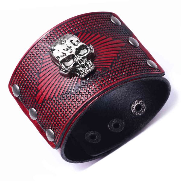 

2021 qinuo new cowhide bracelet men's personalized skull exaggerated wide leather hand jewelry, Golden;silver