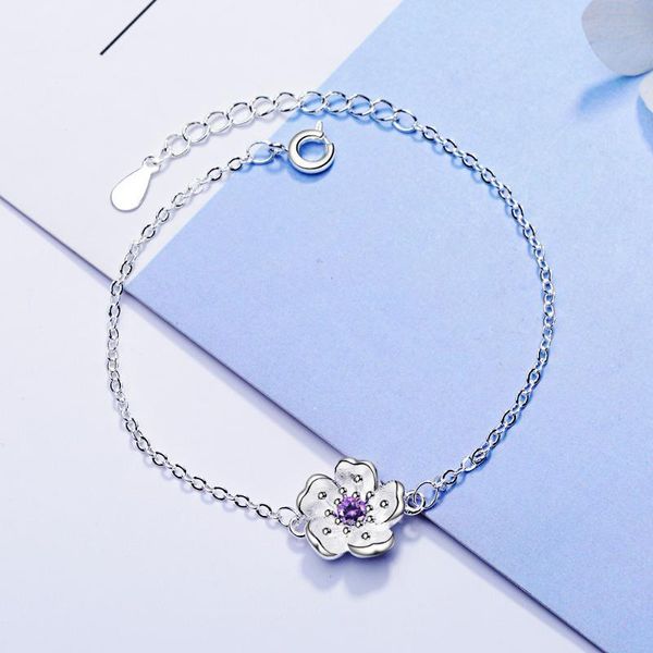 

link, chain wholesale 925 silver pink/purple cherry blossom flower link women simple bracelet for sterling jewelry gift, Black