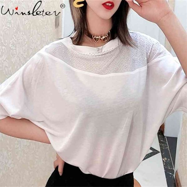 

diamonded personality black loose women t-shirts summer short sleeve o neck cotton casual t06006b 210421, White