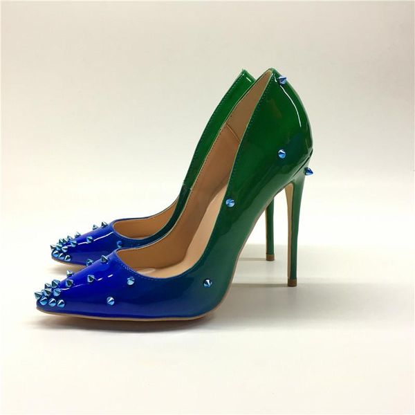 

dress shoes single 12cm high heel ladies party brand fashion delicate rivet elegant gradient pointed blue green, Black